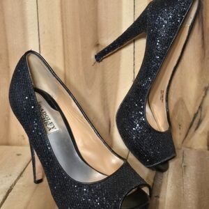 BADGLEY MISCHKA Womens 7 M Black Glitter Peep Toe Pump Heels Bridal Wedding Club